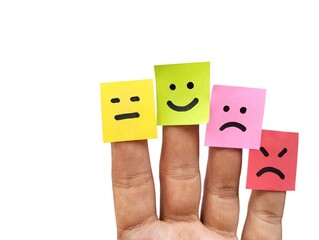 Happy, neutral, sad and angry emoji on colorful sticky note paper attached to the finger. mental...
