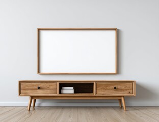 Modern wooden TV stand with framed blank TV