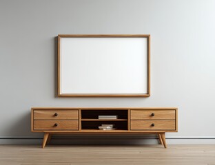 Modern, light-wood framed poster over a lowboy cabinet