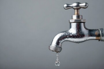 A closeup of a silver tap with a water droplet set against a gray backdrop