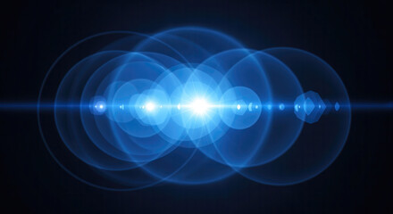 Brilliant Blue Optical Lens Flare on Dark Background with Luminous Circular and Hexagonal Bokeh