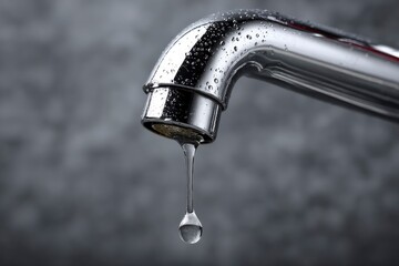 Chrome faucet with a dripping water droplet against a gray background