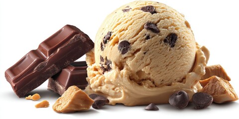 A scoop of light tan ice cream with chocolate chips, alongside dark chocolate and caramel pieces