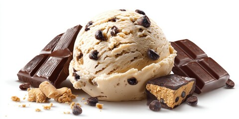 Creamy light beige ice cream scoop with dark chocolate chunks and pieces of dark chocolate candy, with scattered pieces of a light-brown confectionery