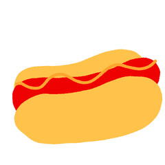 A cartoon hot dog with mustard and ketchup