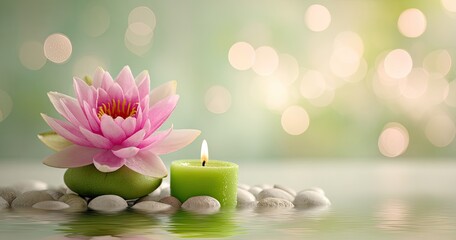 Peaceful lotus and candle on stones