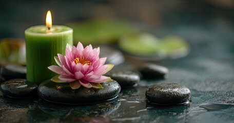 Zen-like scene with candle, lotus, & stones
