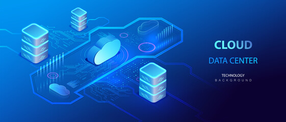 Cloud data transmission in isometric background vector for network database secure technologies. Futuristic ai server center data computing system.