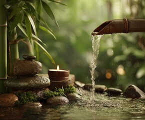 Tranquil Zen garden scene.  Water flowing from bamboo.  Small stones, candle, and lush greenery