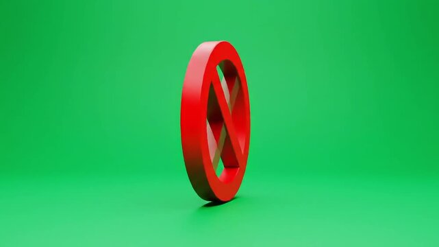 Dynamic animation of a bold red prohibition symbol rotating against a vibrant green backdrop, conveying concepts of restriction and limitations