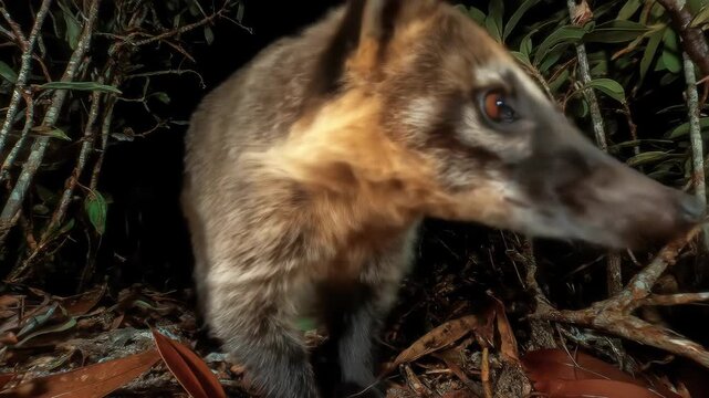 Nighttime Coati in Dark Rainforest Undergrowth