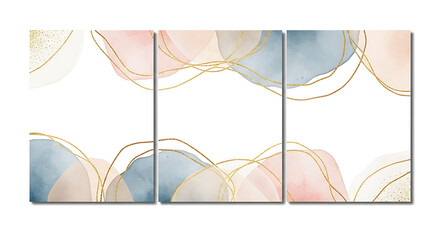 Abstract Watercolor Triptych Art Gentle Blush Pink Serene Blue and Gold Glitter Accents