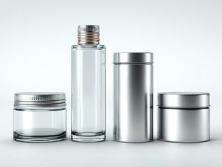 Four clear glass and metallic containers.  Empty cosmetic packaging.  Studio shot