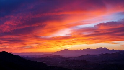 Obraz premium Vibrant Sunset Over Distant Mountains With Fiery Orange And Purple Clouds Vibrant Colors
