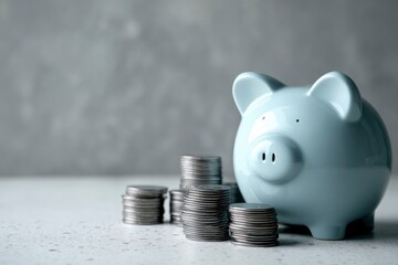 A pale blue piggy bank stands next to stacks of coins on a mottled white surface against a blurred gray background