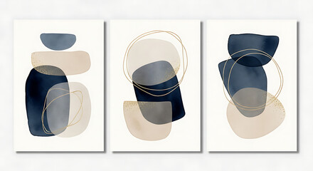 Abstract Geometric Shapes Triptych Art Modern Mid Century Modern Wall Decor Navy Blue Beige Gold Wabi Sabi Painting Set