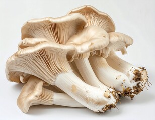 Fototapeta premium Fresh oyster mushrooms with wide, creamy white caps and slender stems, neatly arranged on a pure white background, highlight the natural feel and soft texture