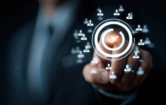 A hand touches a glowing, circular interface, showcasing a checkmark within a progress circle, surrounded by user profile icons