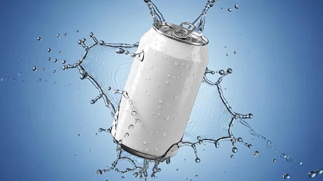 A white aluminum beverage can covered in water droplets is frozen in motion amidst a large clear water splash against a blue background