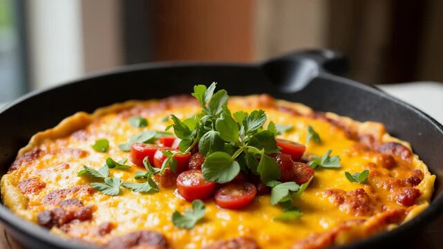 Savory frittata with cherry tomatoes and fresh herbs in skillet  