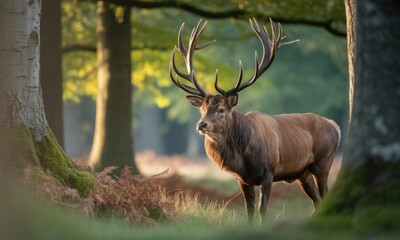 Majestic stag in autumnal forest.  Sunlight filters through trees