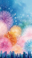Fireworks above city skyline in dreamy fantasy tone, glowing fireworks above city skyline with colorful celebration, fireworks above city skyline for festival editorial, holiday, and party design