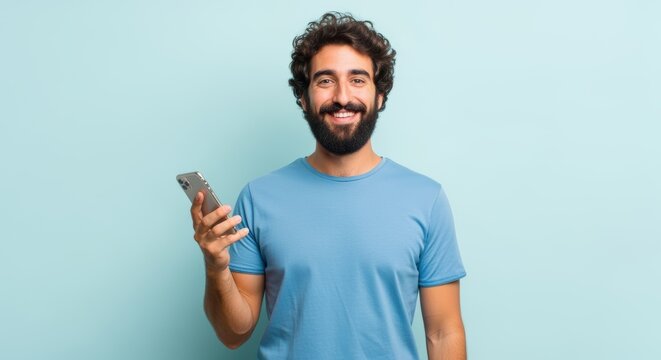 Cheerful young man with curly hair and beard holds smartphone while smiling warmly at camera. Wearing casual blue t-shirt against soft pastel background. Perfect for digital marketing campaigns.