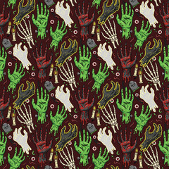 Naklejka premium Halloween seamless pattern zombie hands with bones and bats for fabric and wrapping paper