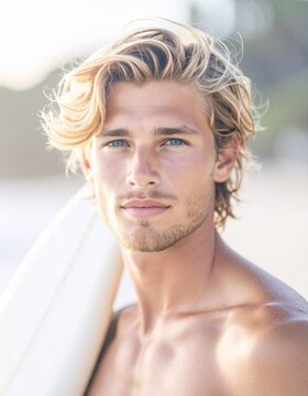 Close up portrait of blonde surfer dude