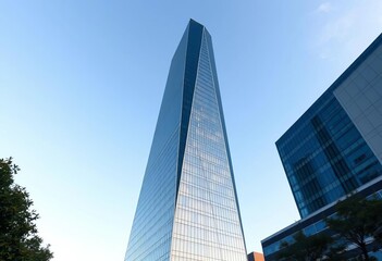 Obraz premium Sleek glass skyscraper stands alone against a clear sky, scene, high-rise