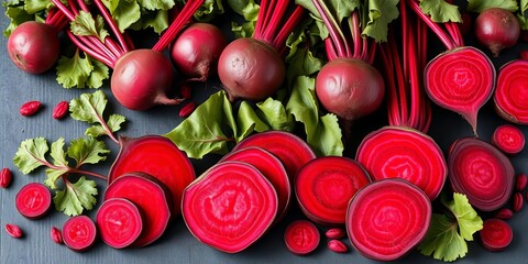 Vibrant red beetroot slices, whole roots, and leaves in various arrangements,  earthy tones,  nature