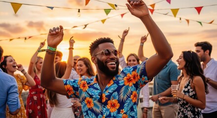 Joyful man in Hawaiian shirt celebrates with raised arms at outdoor summer party. Colorful bunting decorates festive gathering as friends enjoy sunset celebration together.
