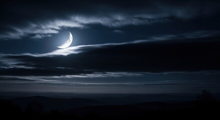 Dramatic crescent moon glowing through dark storm clouds in a moody night sky. Atmospheric cloudscape creates ethereal lighting effects across the celestial scene. Perfect for mystical themes.