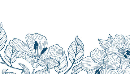 Blue Botanical Line Art Border With Large Flowers And Leaves For Decoration. Luxury botanical design perfect for wall decor, wallpaper, cover, banner, packaging, invitation.