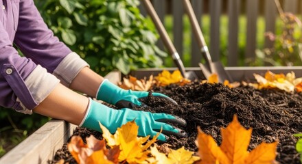 Hands in turquoise gloves work with dark compost in wooden frame. Golden autumn leaves scattered across organic matter. Perfect for sustainable gardening and composting projects.