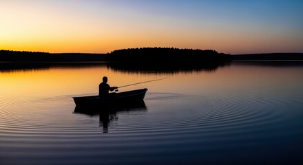 Silhouette of angler fishing from boat on tranquil lake during golden hour. Peaceful water reflects warm sunset colors of orange and pink sky. Forested shoreline backdrop.