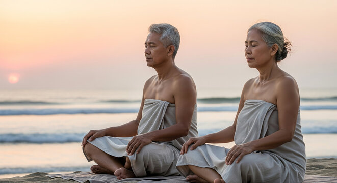 Senior Asian couple meditating together on the beach at sunrise, embracing a healthy and mindful retirement lifestyle in harmony