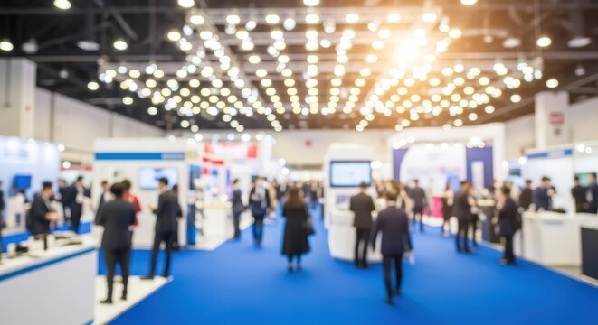 Blurred exhibition hall filled with business professionals networking at trade show. Modern venue features bright ceiling lights and colorful booth displays. Attendees explore various stands.