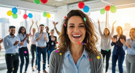 Joyful businesswoman celebrates with colleagues in modern office. Colorful confetti falls around smiling woman in professional attire while team cheers in background.