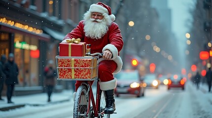Santa Claus Riding Bicycle with Christmas Presents – Playful Festive Scene in Snowy City