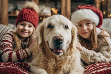 Caucasian Family Celebrating Christmas with Cheerful Children and a Beautiful Dog on New Year's Eve