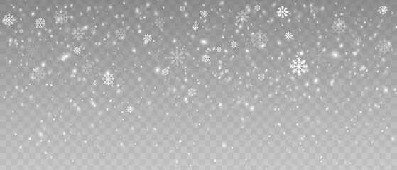 Festive Christmas holiday overlay effect. Heavy snowfall or snowstorm with snowflakes of various shapes. Winter snowy background.