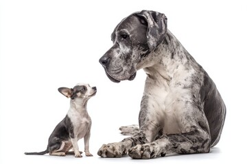 Obraz premium Adorable Great Dane Observing a Tiny Chihuahua in a Clean White Space