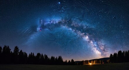 Spectacular night sky showcasing the Milky Way galaxy arching over a serene forest landscape. Countless stars illuminate the dark blue cosmos while silhouetted evergreen trees frame the scene below.