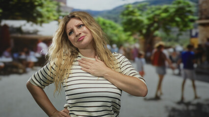 Naklejka premium Woman blonde hand on chest in street with blurred crowd and trees, showing discomfort and thought; concern.