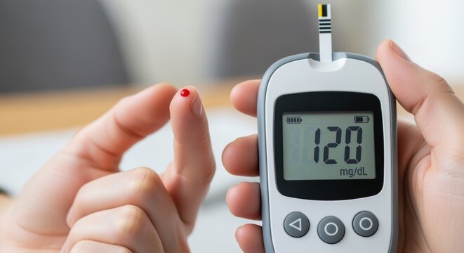 Digital glucose meter displaying blood sugar level of 120 mg/dL in hands. Blood drop on finger after testing. Essential medical device for diabetes management and health monitoring at home. - Powered by Adobe