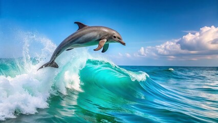 Fototapeta premium Dolphin leaping from a powerful ocean wave under a bright blue sky