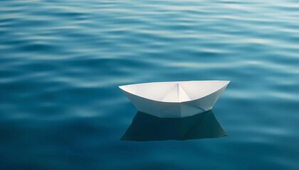 A small, pristine white paper boat floats on calm water,  delicate,  nautical