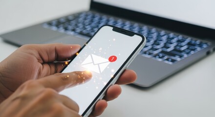 Hand holding smartphone with email notification showing glowing envelope icon and red badge. Laptop keyboard visible in background. Modern workspace scene for digital communication concepts.