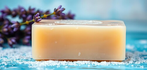 Close-up of a bar of lavender soap with visible lather, natural soap, handmade soap
